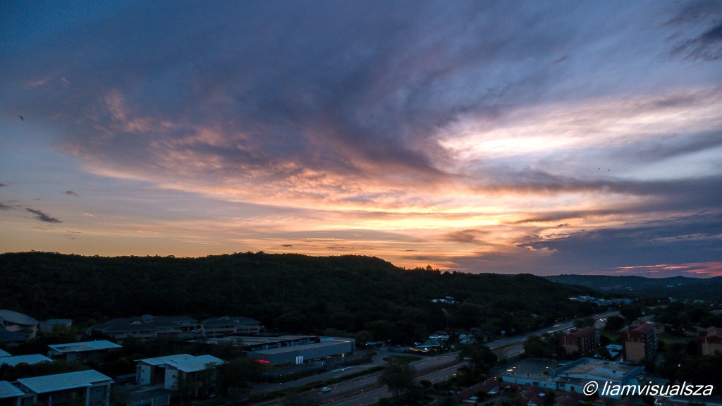 Aerial sunset cityscape
